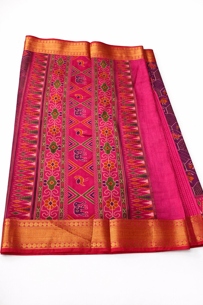 Wine Purple Pochampally Semi Silk Saree with Rich Zari Border & Contrast Pink Pallu