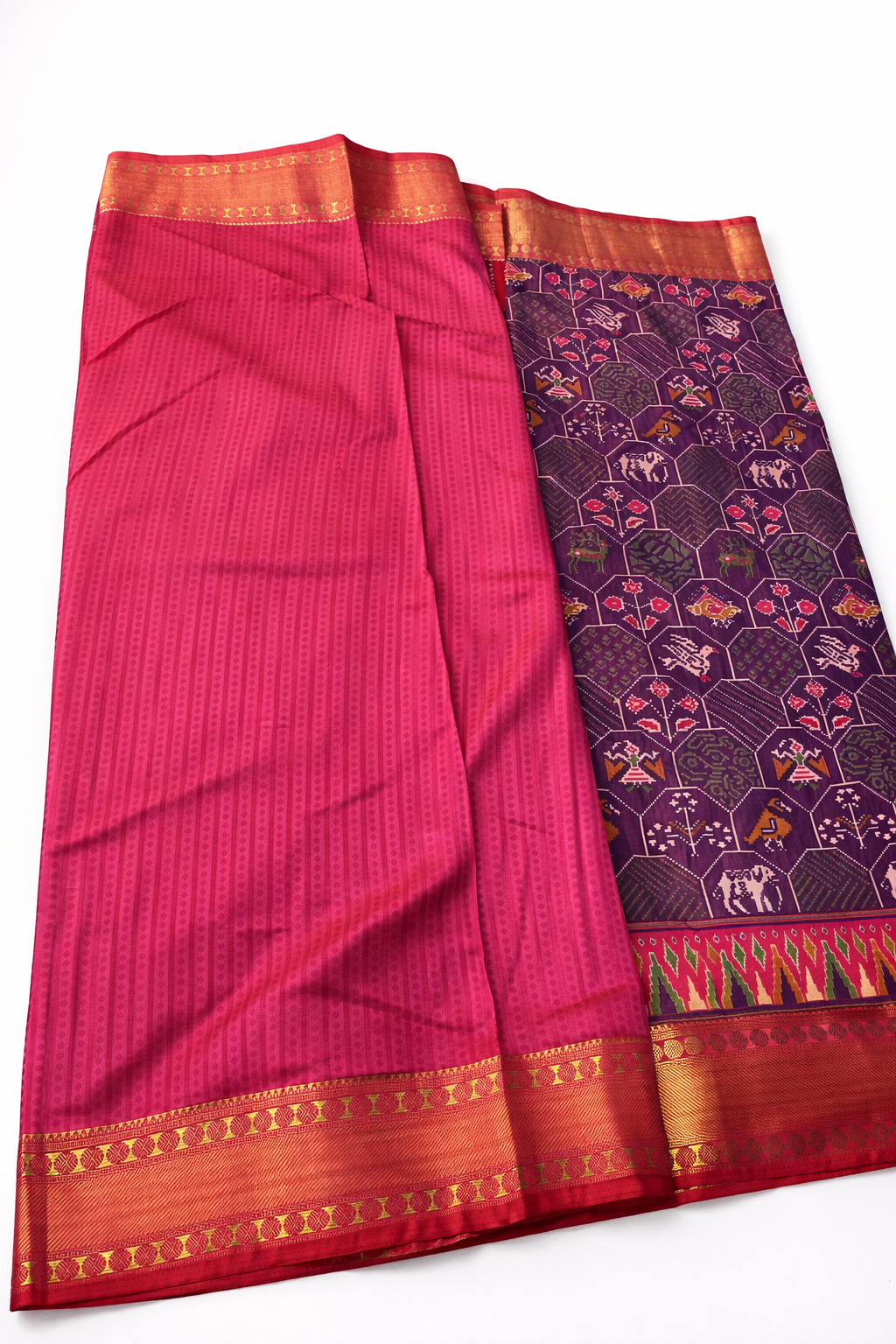 Wine Purple Pochampally Semi Silk Saree with Rich Zari Border & Contrast Pink Pallu
