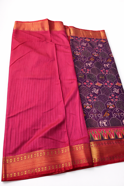 Wine Purple Pochampally Semi Silk Saree with Rich Zari Border & Contrast Pink Pallu