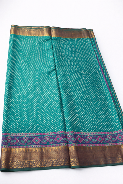 Teal Green Pochampally Silk Saree with Zari Border & Contrast Purple Designer Border