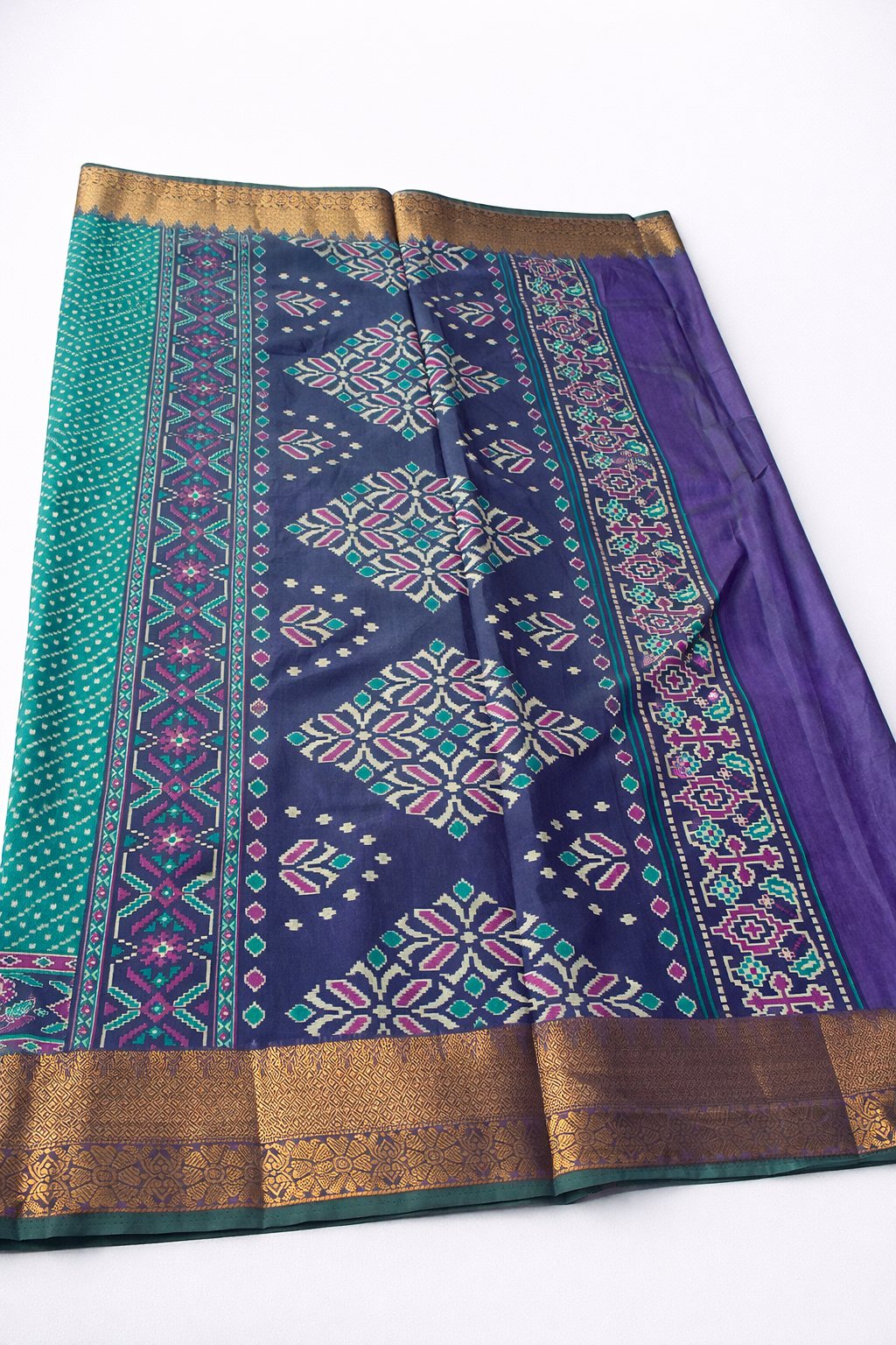 Teal Green Pochampally Silk Saree with Zari Border & Contrast Purple Designer Border