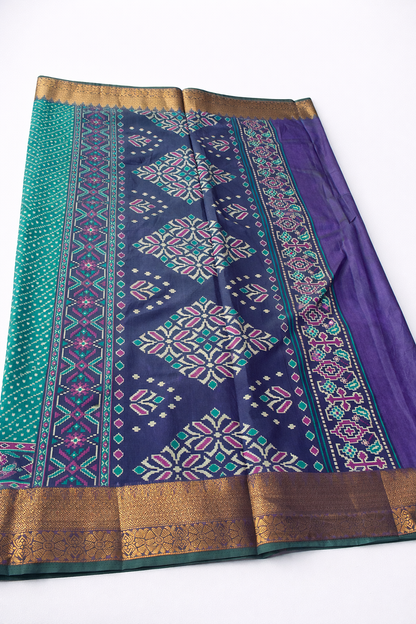 Teal Green Pochampally Silk Saree with Zari Border & Contrast Purple Designer Border