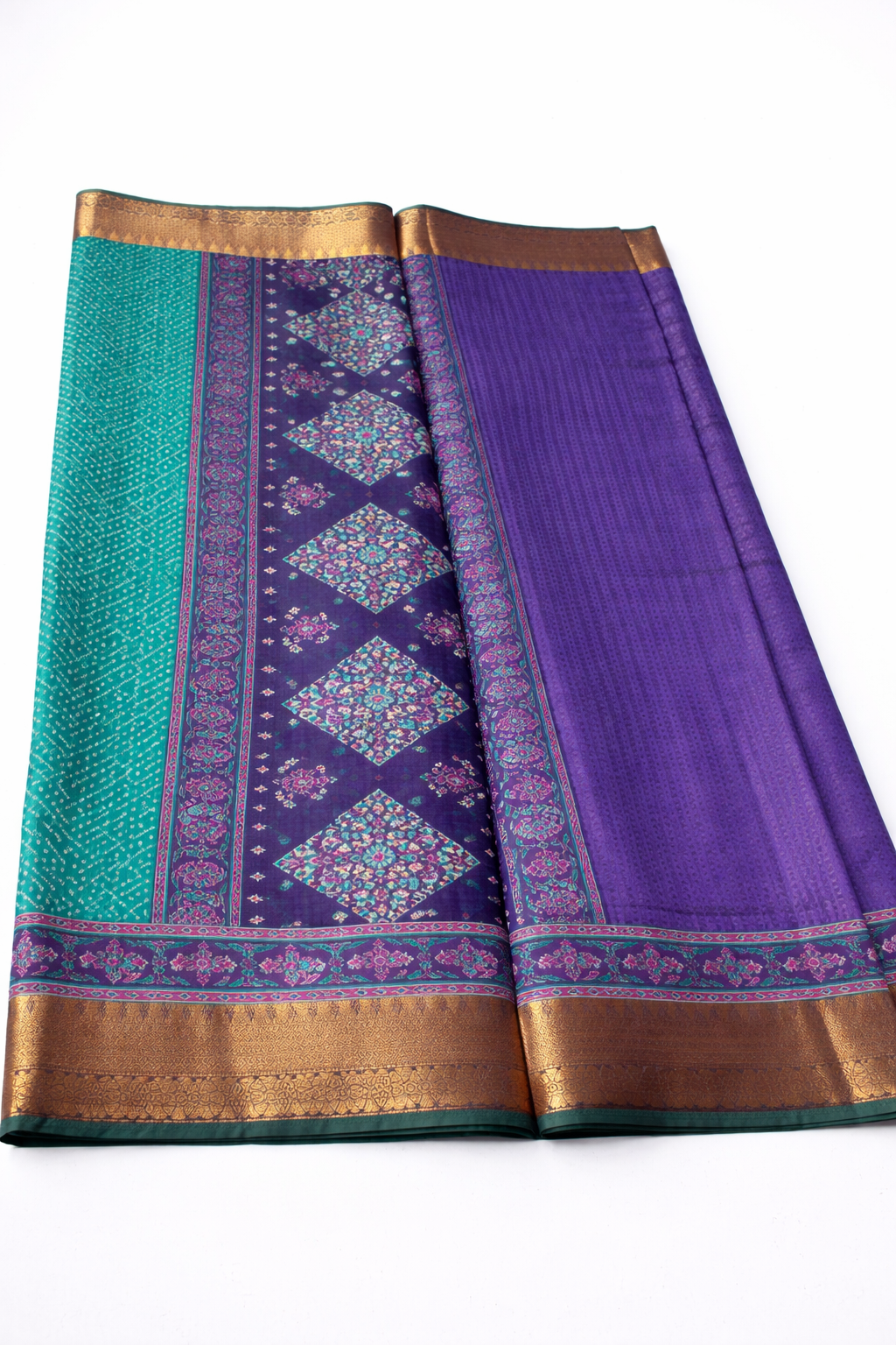 Teal Green Pochampally Silk Saree with Zari Border & Contrast Purple Designer Border