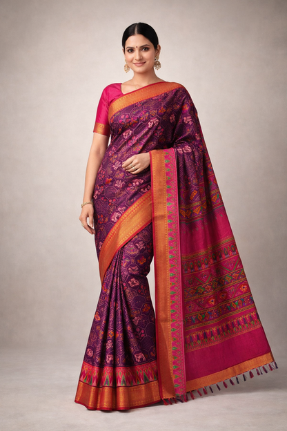 Wine Purple Pochampally Semi Silk Saree with Rich Zari Border & Contrast Pink Pallu