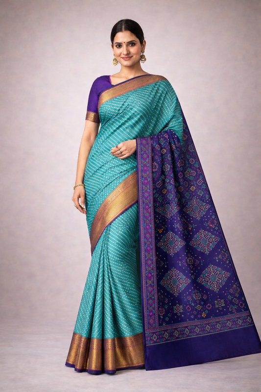 Teal Green Pochampally Silk Saree with Zari Border & Contrast Purple Designer Border