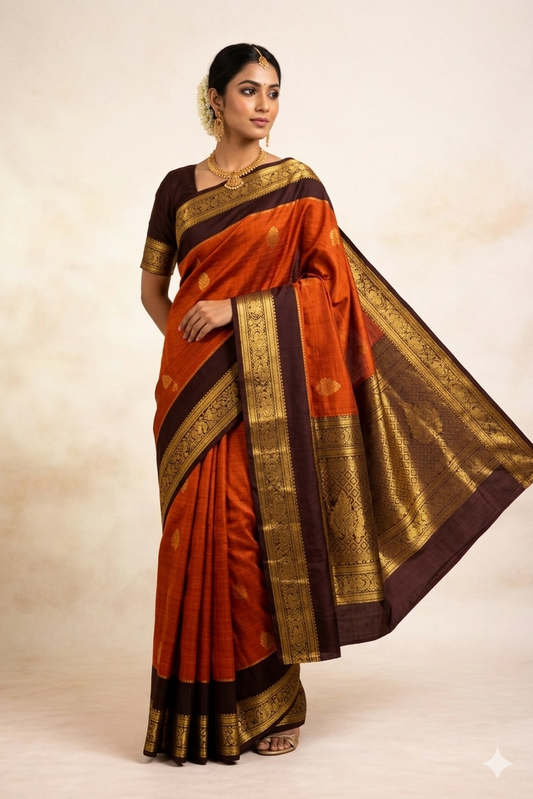 Burnt Orange & Deep Brown Silk Saree with Rich Gold Zari Border