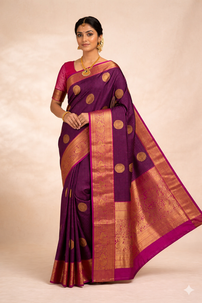 Royal Purple Pure Silk Saree with Contrast Rose Blouse & Rich Gold Zari Border