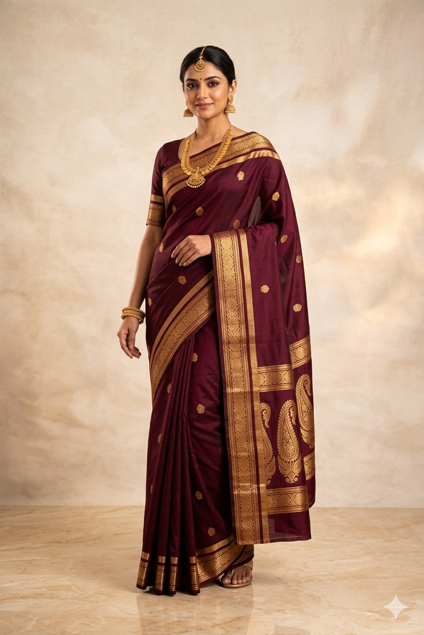 Maroon Pure Pattu Silk Saree with Rich Gold Zari Border & Traditional Motifs