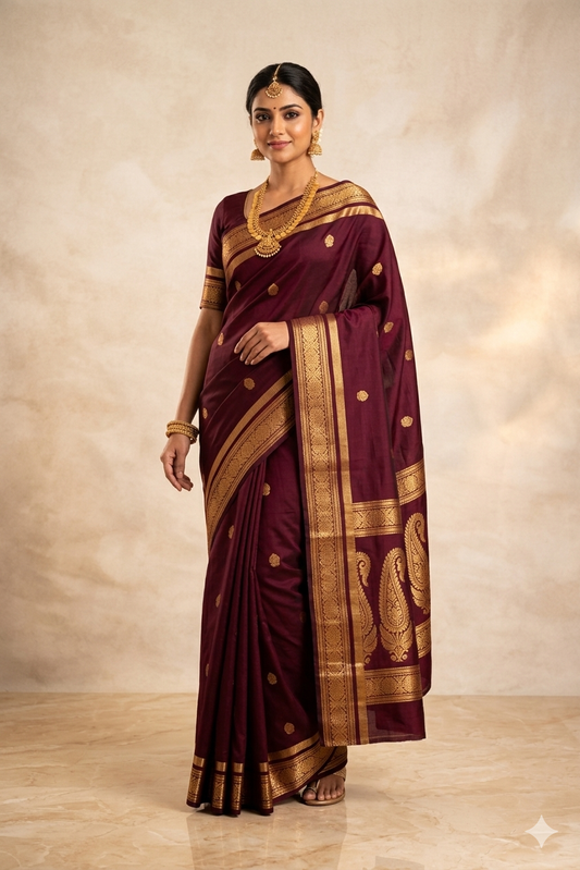 Maroon Pure Pattu Silk Saree with Rich Gold Zari Border & Traditional Motifs
