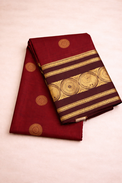 Maroon Red Pure Pattu Silk Saree with Gold Zari Buttas & Grand Traditional Border