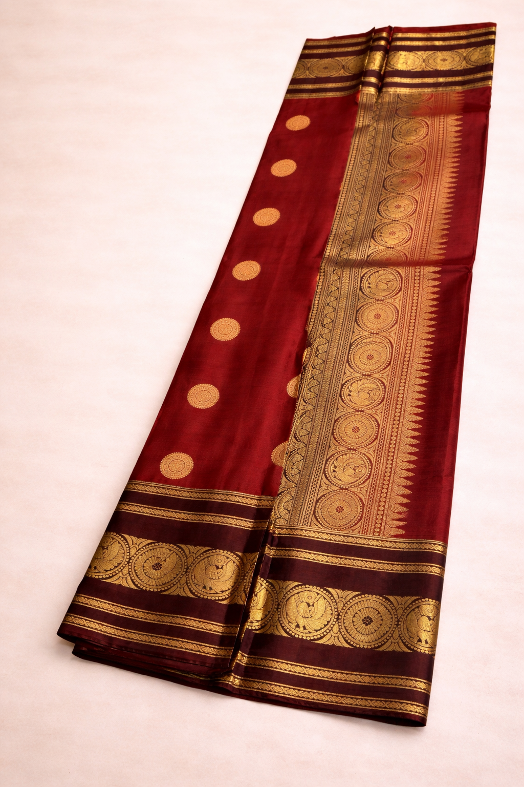 Maroon Red Pure Pattu Silk Saree with Gold Zari Buttas & Grand Traditional Border