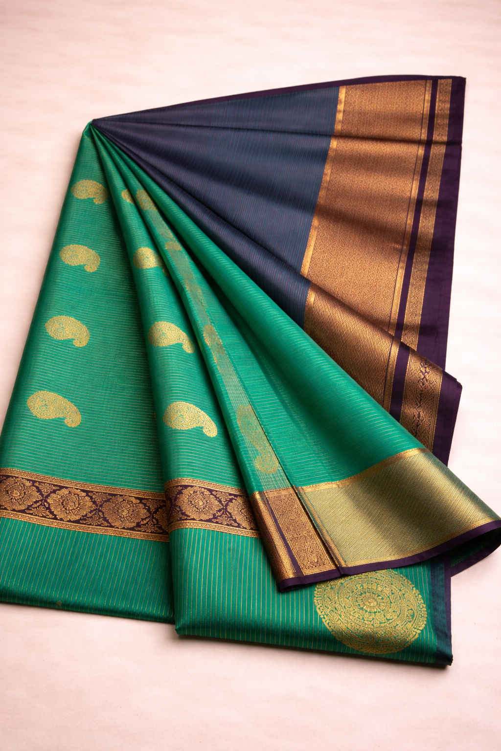 Emerald Teal Green Pure Silk Saree with Gold Paisley Buttas & Rich Copper Zari Border