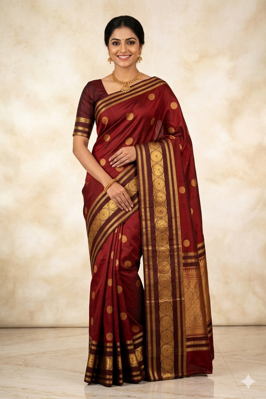 Maroon Red Pure Pattu Silk Saree with Gold Zari Buttas & Grand Traditional Border