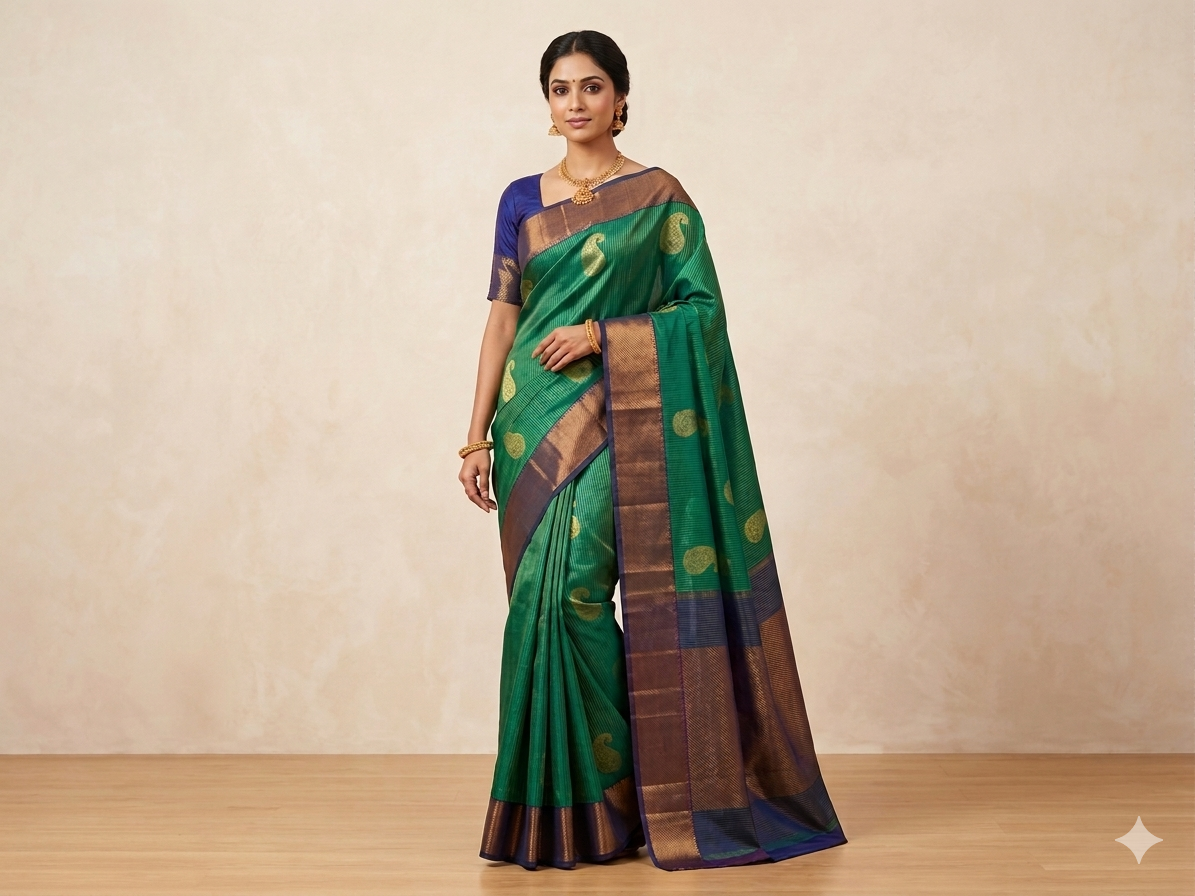 Emerald Teal Green Pure Silk Saree with Gold Paisley Buttas & Rich Copper Zari Border