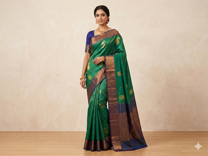 Emerald Teal Green Pure Silk Saree with Gold Paisley Buttas & Rich Copper Zari Border