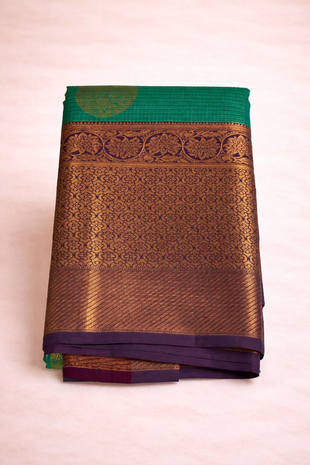 Emerald Teal Green Pure Silk Saree with Gold Paisley Buttas & Rich Copper Zari Border
