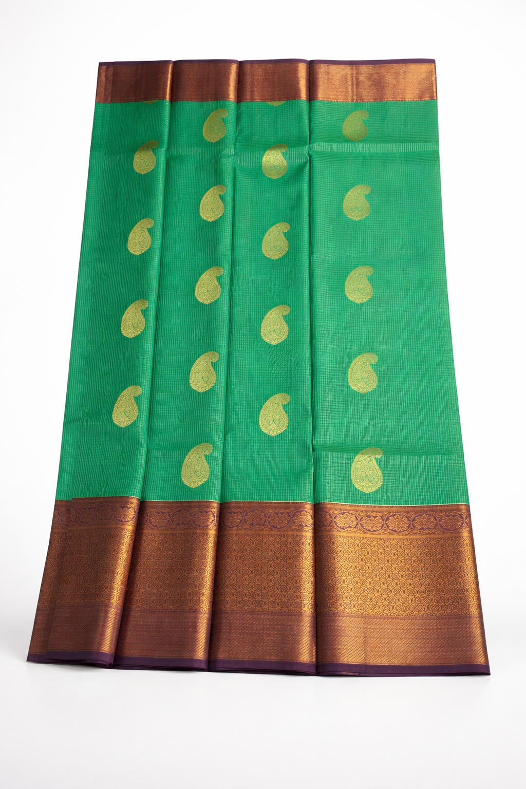 Emerald Teal Green Pure Silk Saree with Gold Paisley Buttas & Rich Copper Zari Border