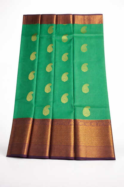 Emerald Teal Green Pure Silk Saree with Gold Paisley Buttas & Rich Copper Zari Border