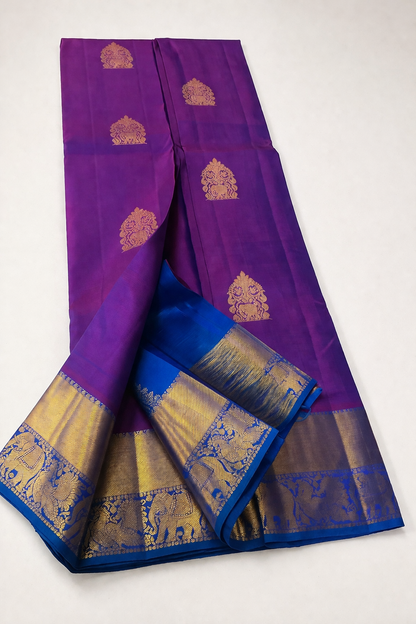 Royal Purple Pure Pattu Silk Saree with Royal Blue Contrast Border & Gold Zari Elephants