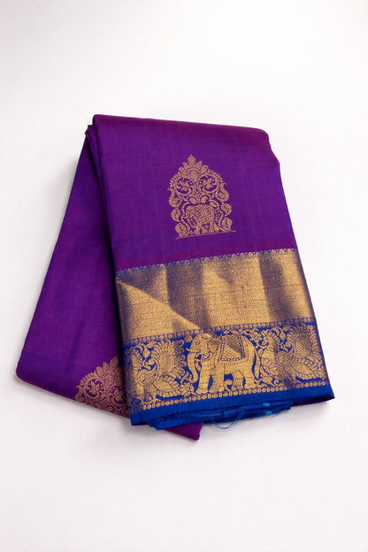 Royal Purple Pure Pattu Silk Saree with Royal Blue Contrast Border & Gold Zari Elephants