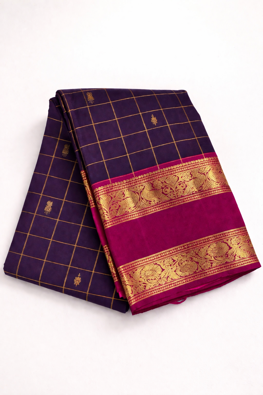 Royal Violet Kanchipuram Pattu Silk Saree with Magenta Border & Gold Zari Elephant Pallu