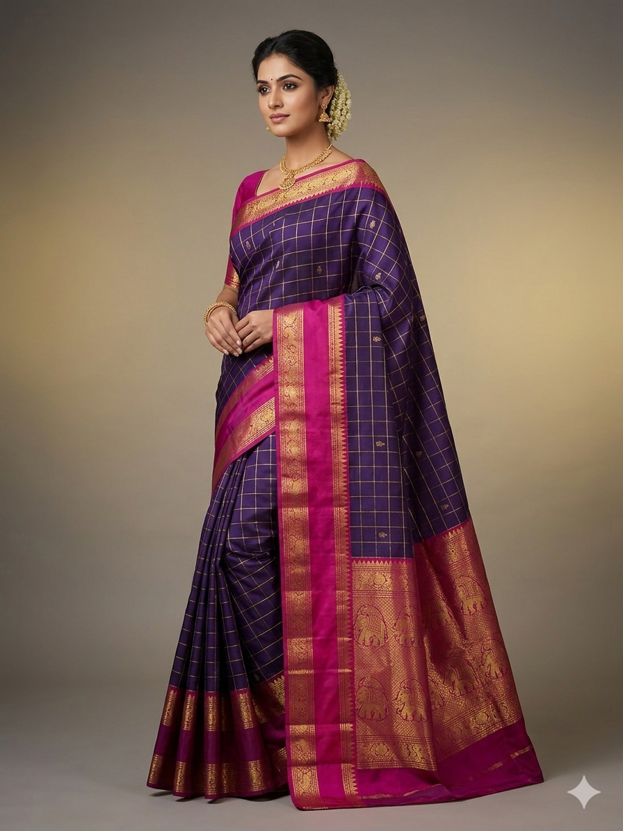 Royal Violet Kanchipuram Pattu Silk Saree with Magenta Border & Gold Zari Elephant Pallu
