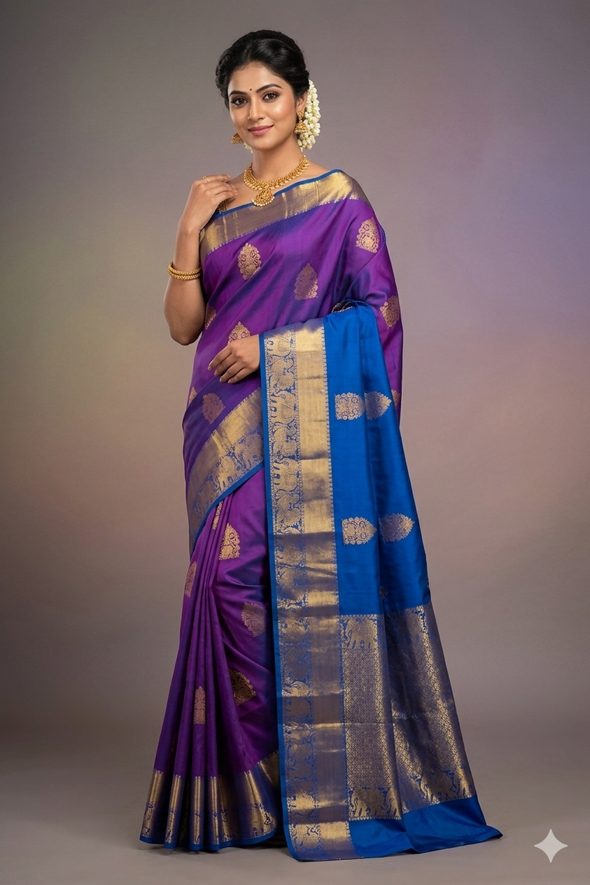 Royal Purple Pure Pattu Silk Saree with Royal Blue Contrast Border & Gold Zari Elephants