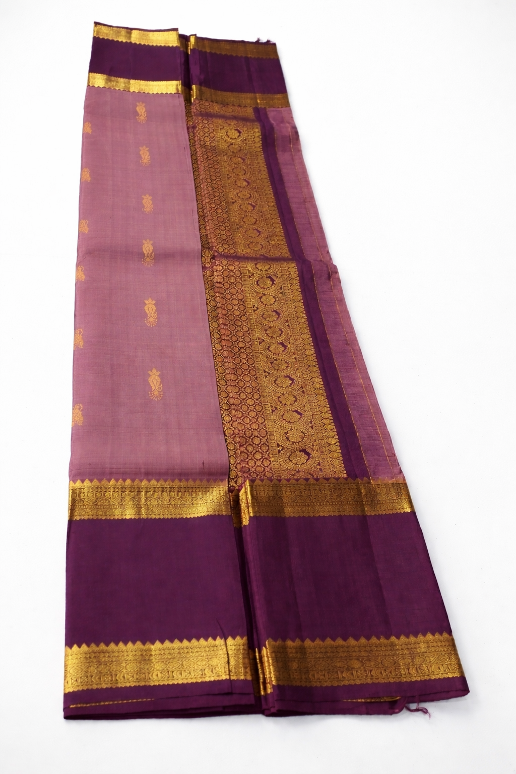 Dusty Rose Pink Pattu Silk Saree with Deep Purple Border & Rich Gold Zari Pallu