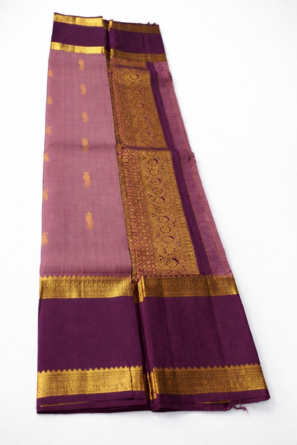 Dusty Rose Pink Pattu Silk Saree with Deep Purple Border & Rich Gold Zari Pallu