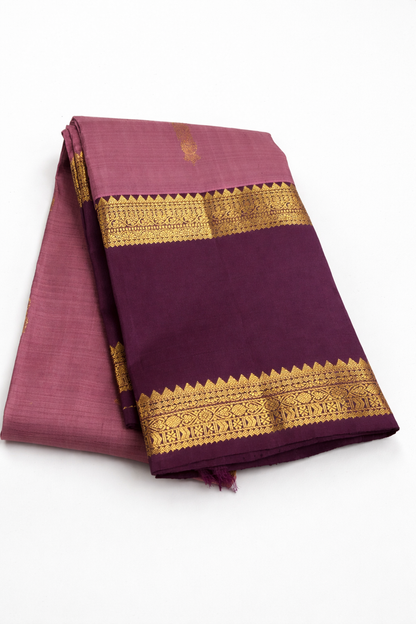 Dusty Rose Pink Pattu Silk Saree with Deep Purple Border & Rich Gold Zari Pallu