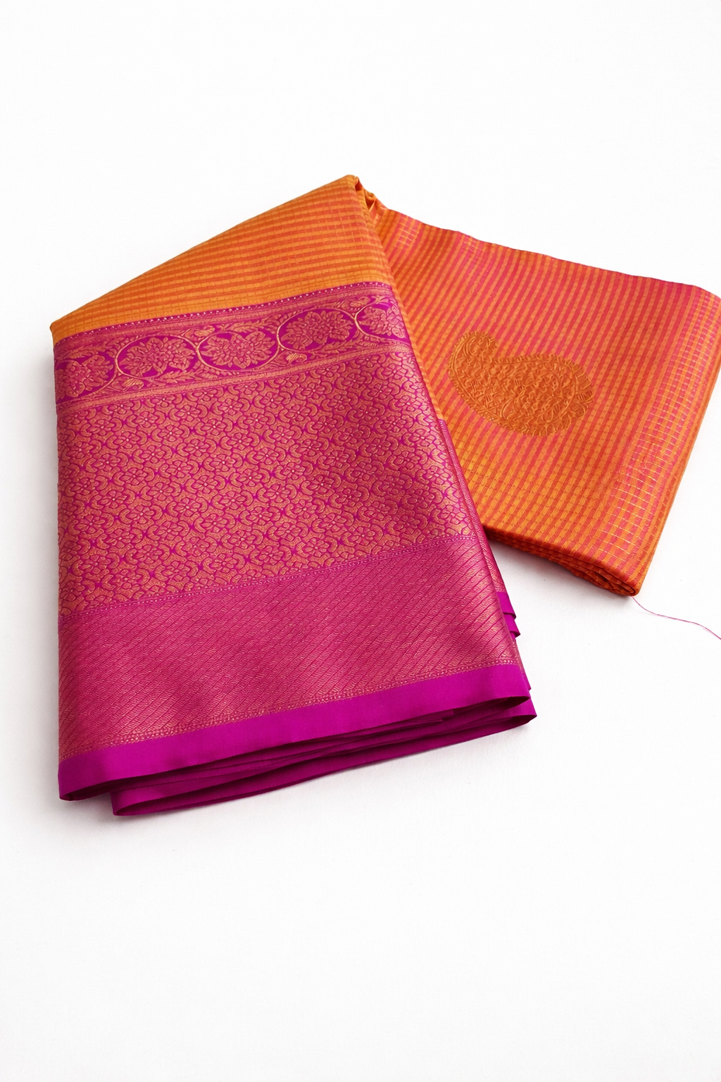 Golden Mustard Kanchipuram Pattu Silk Saree with Magenta Border & Zari Paisley Buttas