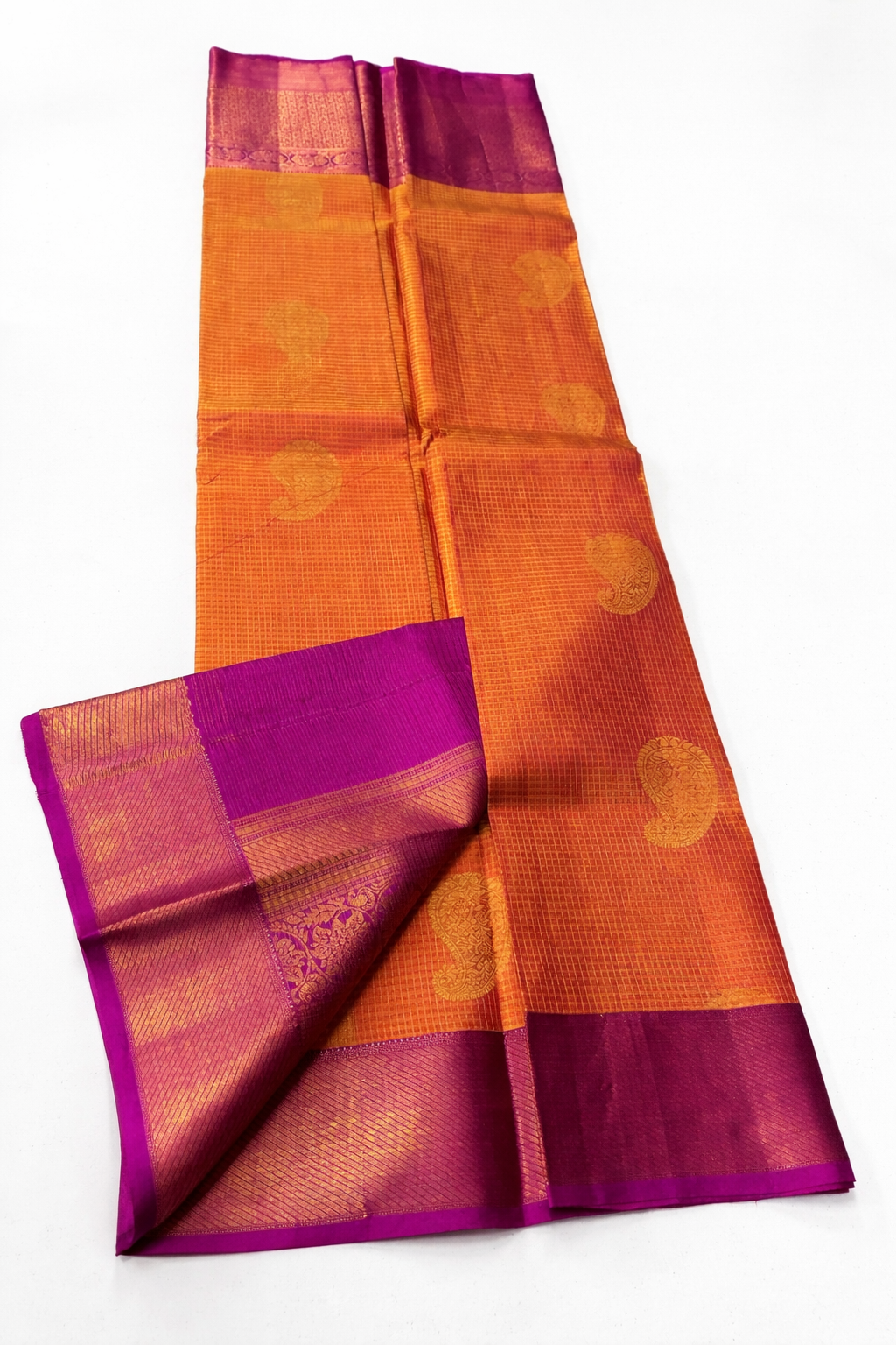 Golden Mustard Kanchipuram Pattu Silk Saree with Magenta Border & Zari Paisley Buttas