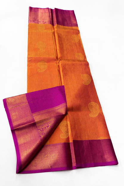 Golden Mustard Kanchipuram Pattu Silk Saree with Magenta Border & Zari Paisley Buttas