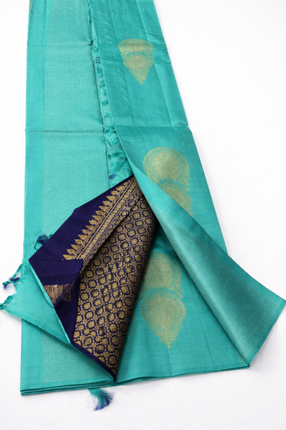 Turquoise Blue Pure Pattu Silk Saree with 2 Gram Gold & Silver Zari Contrast Pallu