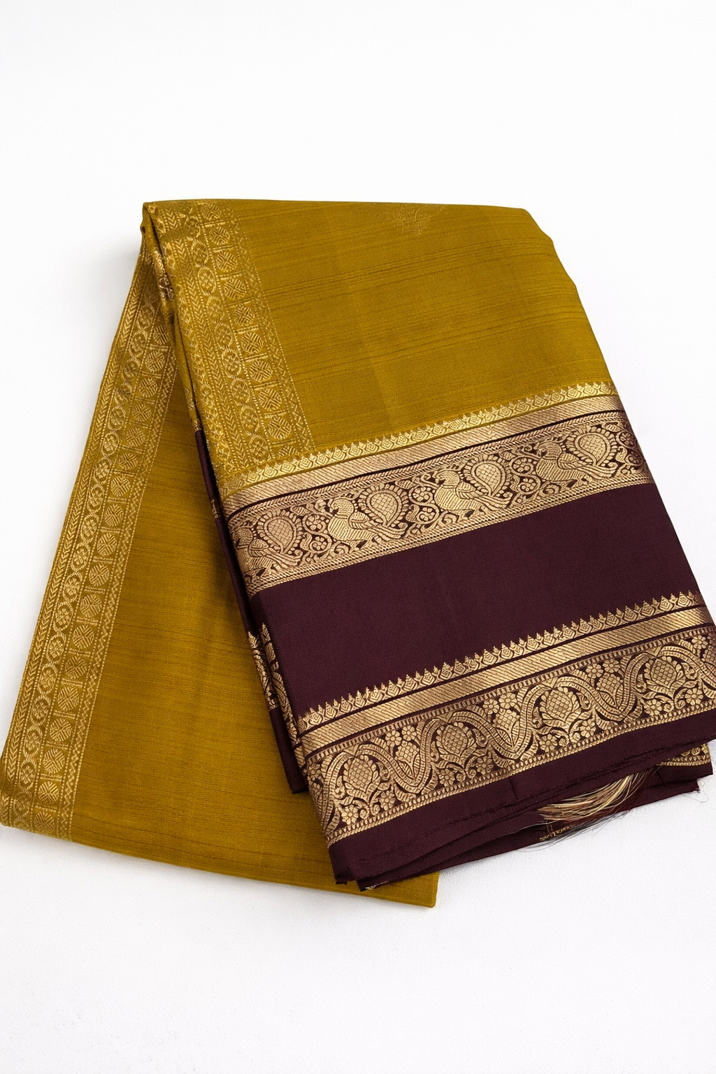 Mustard Yellow Kanchipuram Pattu Silk Saree with Maroon Border & 2 gram Gold Zari