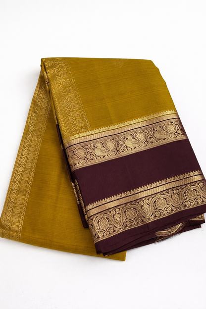 Mustard Yellow Kanchipuram Pattu Silk Saree with Maroon Border & 2 gram Gold Zari