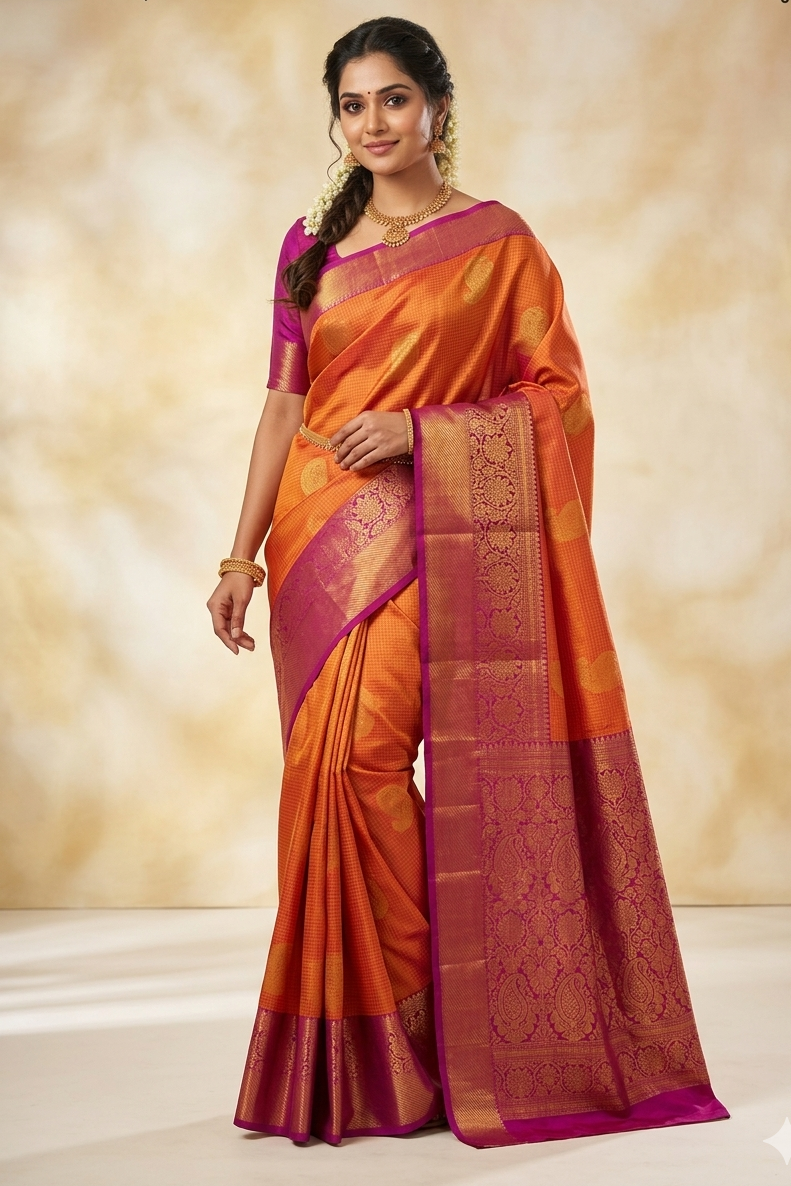 Golden Mustard Kanchipuram Pattu Silk Saree with Magenta Border & Zari Paisley Buttas