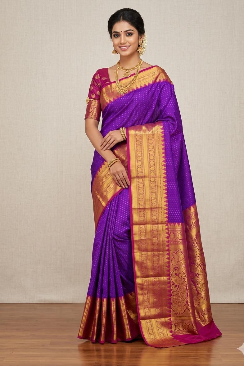 Royal Purple Kanchipuram Pattu Silk Saree with Rani Pink Border 2gram Gold Zari Pallu