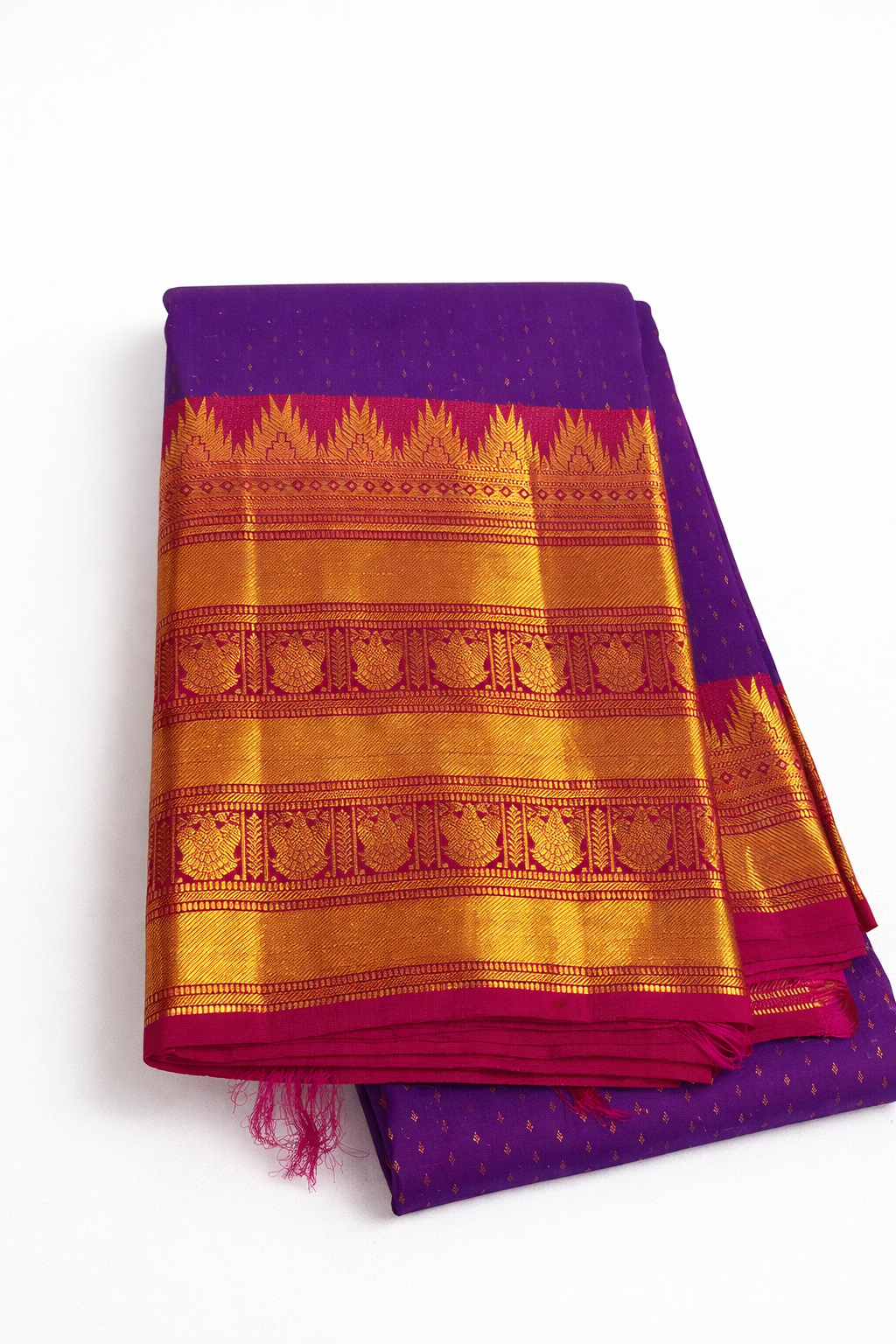 Royal Purple Kanchipuram Pattu Silk Saree with Rani Pink Border 2gram Gold Zari Pallu
