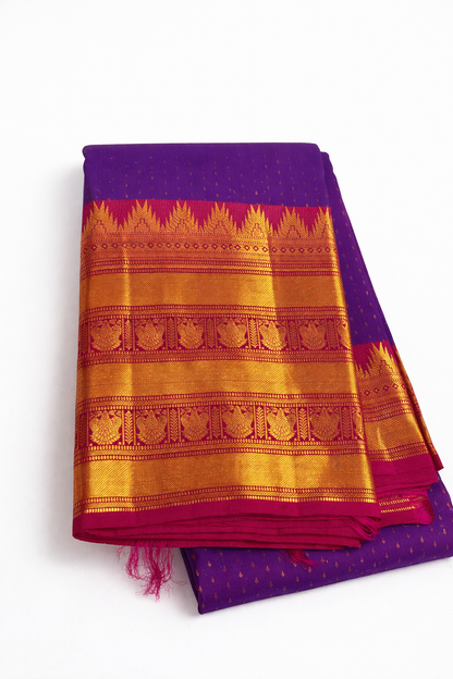 Royal Purple Kanchipuram Pattu Silk Saree with Rani Pink Border 2gram Gold Zari Pallu