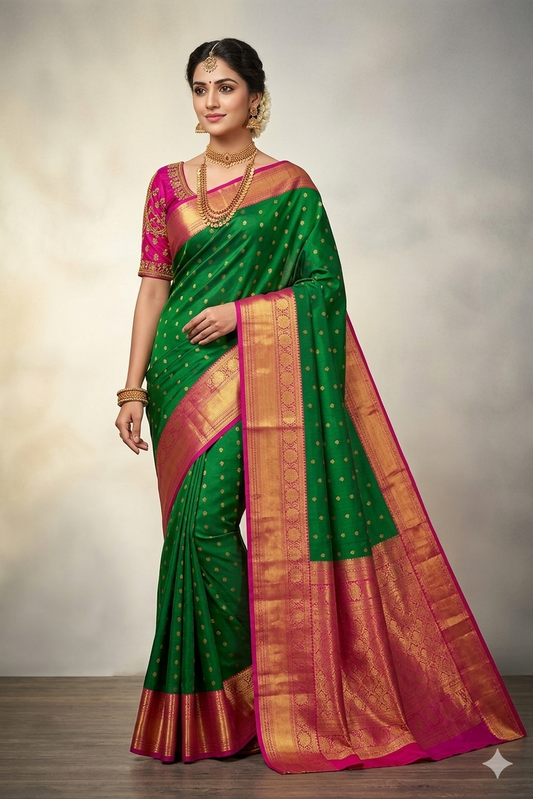 Emerald Green Kanchipuram Pattu Silk Saree with Rani Pink Border & Rich Gold Zari Pallu