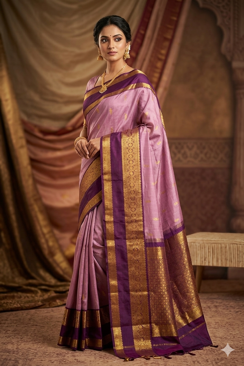 Dusty Rose Pink Pattu Silk Saree with Deep Purple Border & Rich Gold Zari Pallu