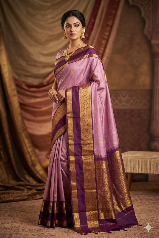 Dusty Rose Pink Pattu Silk Saree with Deep Purple Border & Rich Gold Zari Pallu