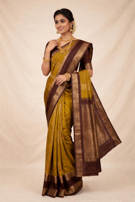 Mustard Yellow Kanchipuram Pattu Silk Saree with Maroon Border & 2 gram Gold Zari
