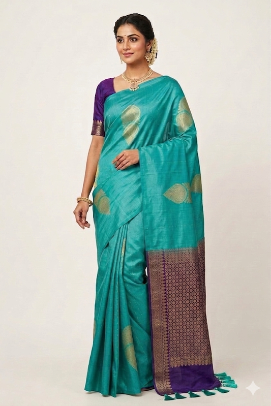 Turquoise Blue Pure Pattu Silk Saree with 2 Gram Gold & Silver Zari Contrast Pallu
