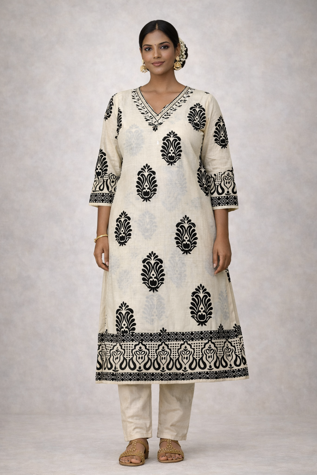 Ivory & Black Handblock Printed Straight Kurti