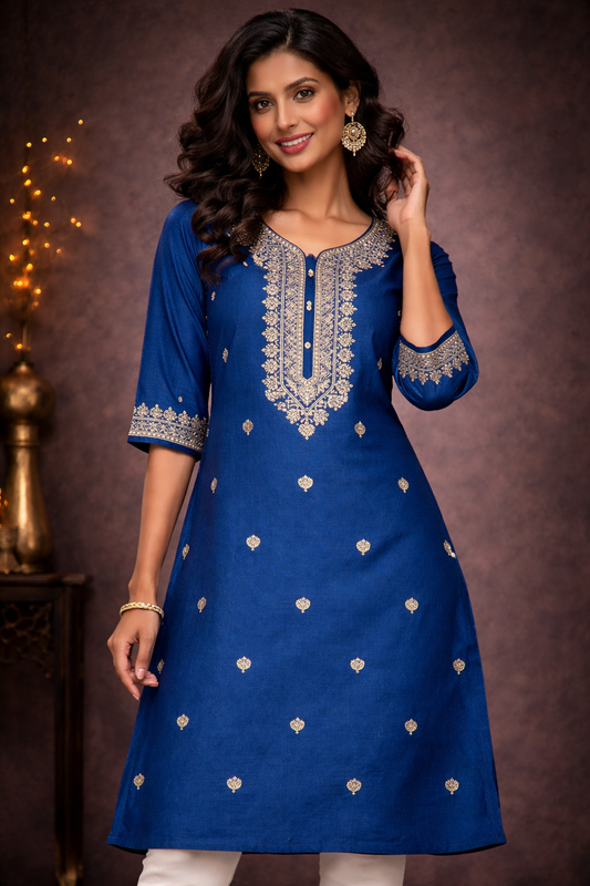Royal Blue Festive Kurti with Gold Embroidery