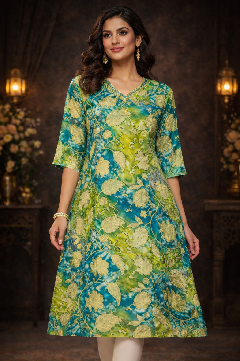 Teal & Lime Floral Printed Kurti